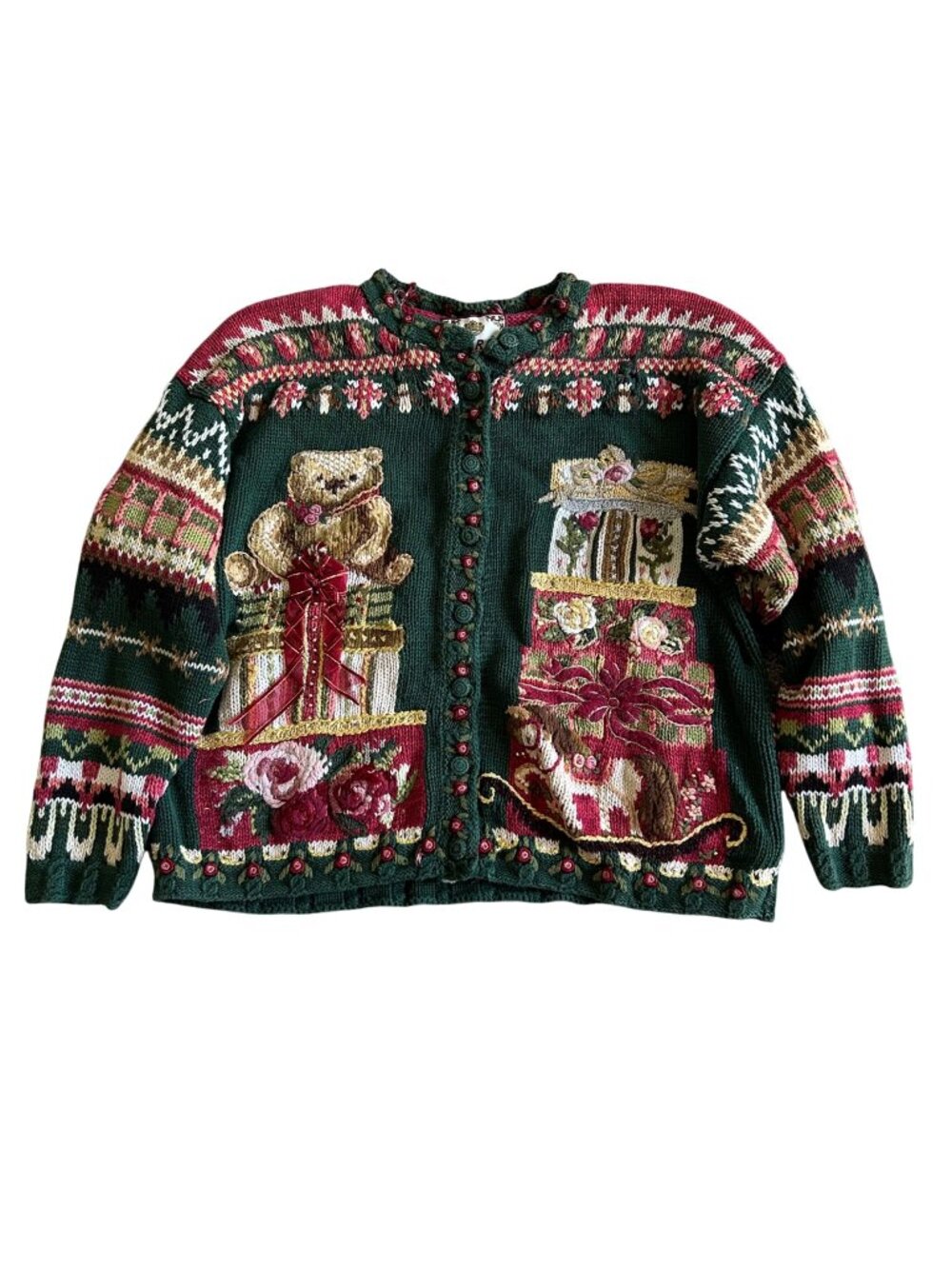 Vintage Tiara Women's Sz XL Christmas Cardigan With Bear & Holiday Gifts